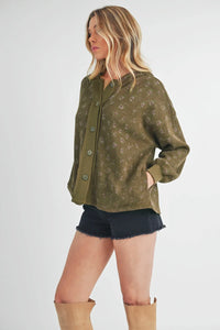 Aemi + Co Olive Floral Button Up Hooded Sweatshirt