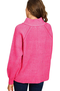 Zenana Ribbed Two Tone Half Zip Sweater in Hot Pink/Candy Pink