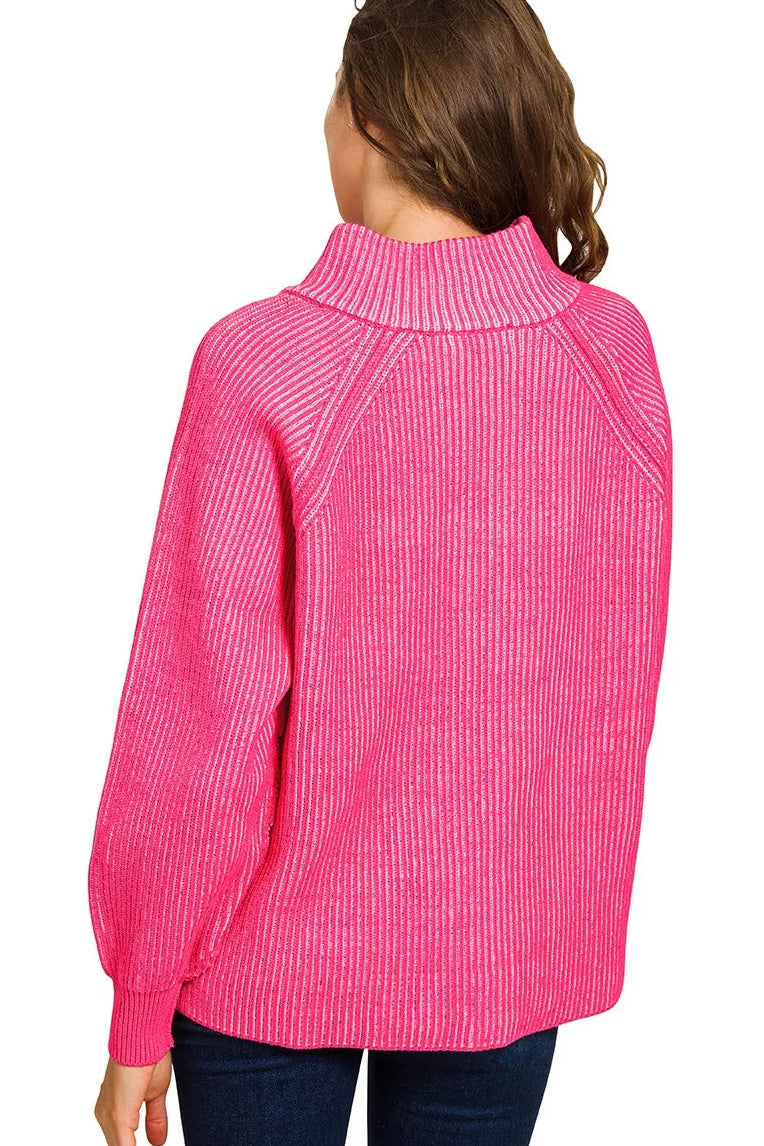 Zenana Ribbed Two Tone Half Zip Sweater in Hot Pink/Candy Pink