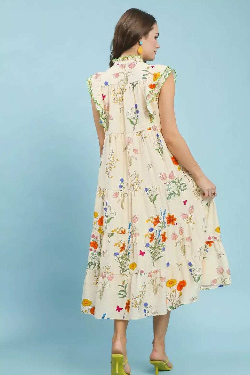 Floral Scalloped Detail Ruffle Tiered Midi Dress