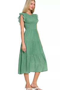 Woven Smocked Ruffle Sleeve Midi Dress in Jade Green
