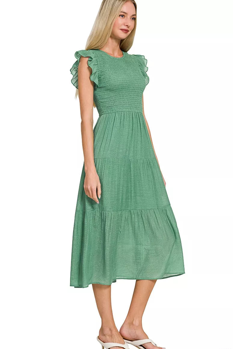 Woven Smocked Ruffle Sleeve Midi Dress in Jade Green