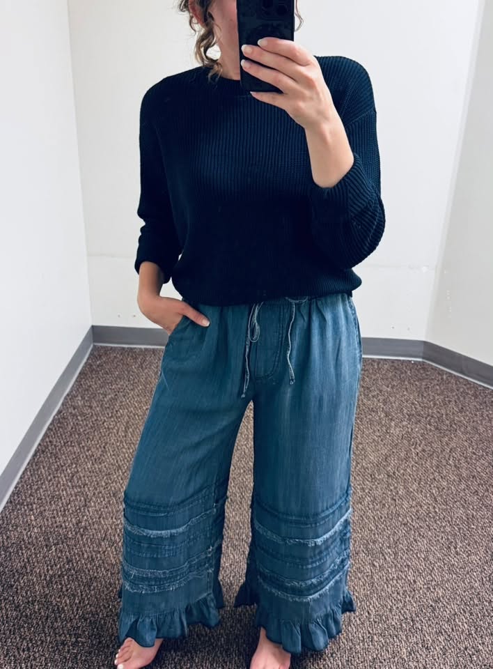 Easel Ruffle Bottom Stone Washed Dark Denim Chambray Pants and Coastal Crewneck Sweater in Navy