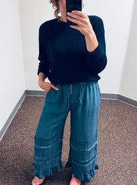 Easel Ruffle Bottom Stone Washed Dark Denim Chambray Pants and Coastal Crewneck Sweater in Navy
