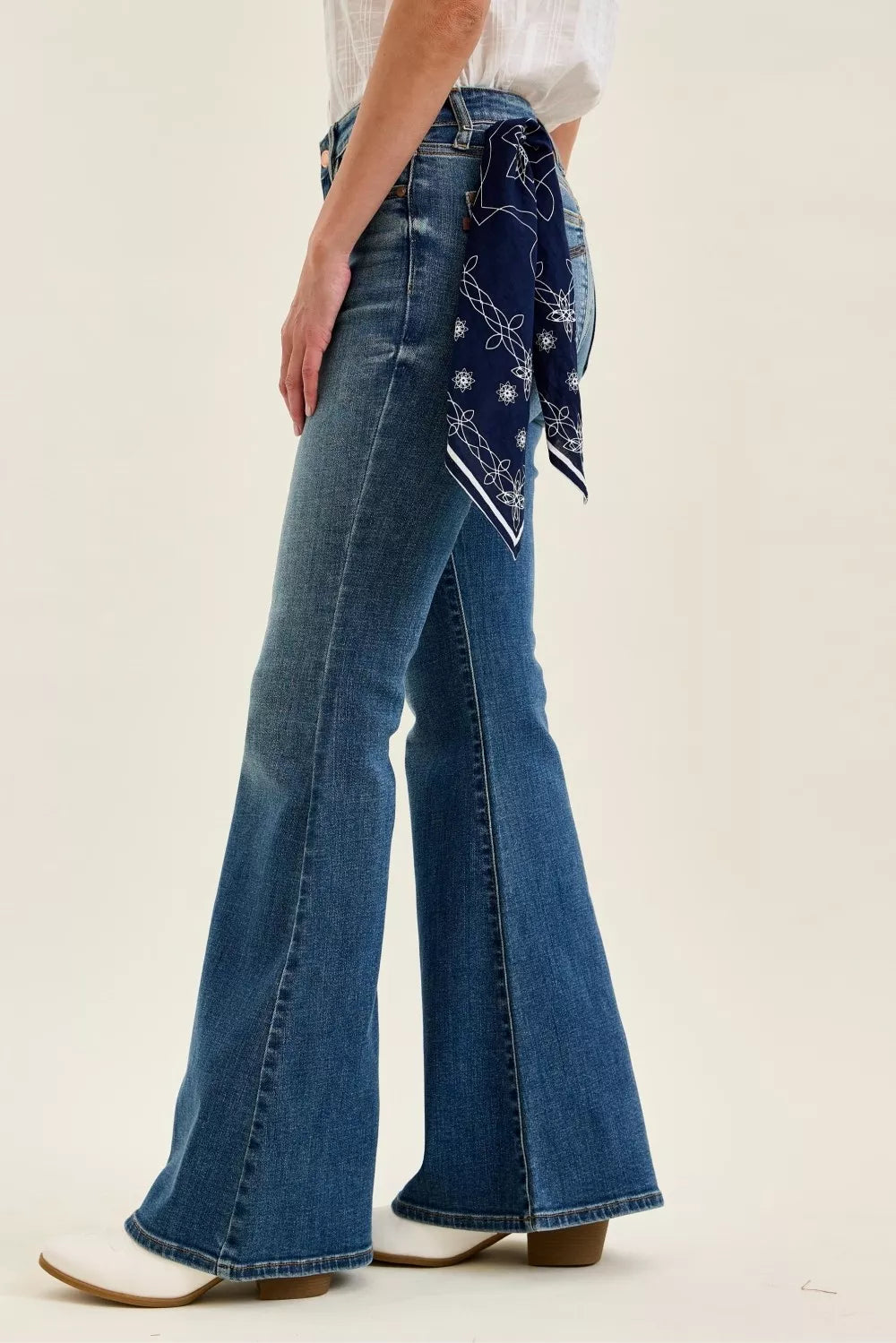 Judy Blue Mid Rise Jaqueline Flare Jeans with Embroidered Back Pockets 
