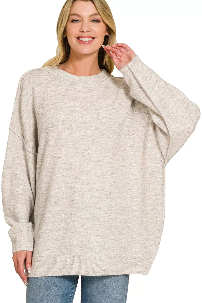 Zenana Oversized Exposed Seam Melange Sweater in Bone