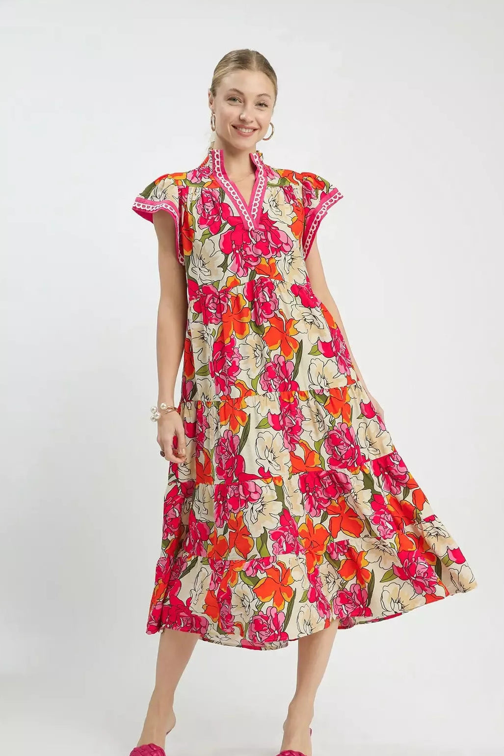 Summer Mix Bold Floral Tiered Midi Dress