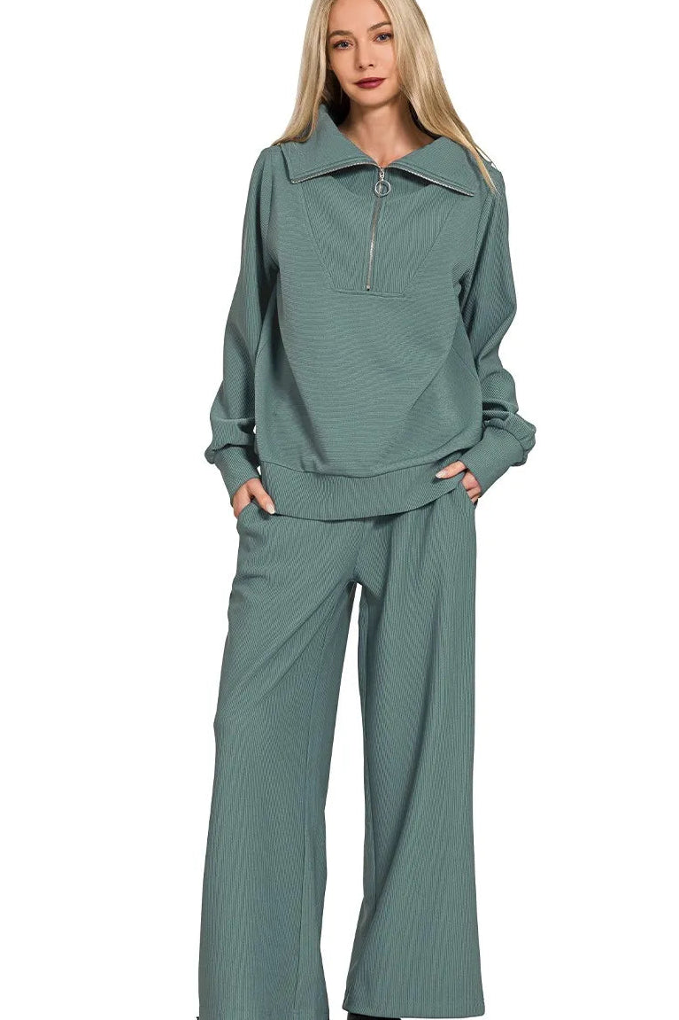 Zenana Ribbed High Neck Half Zip Pullover & Pants Set in Ash Jade