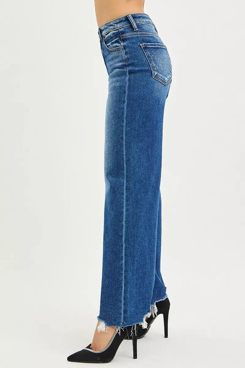 Risen High Rise Wide Leg Jeans with Distressed Hem