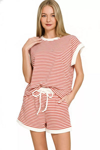 Zenana Stripe Contrast Trim Top & Shorts Set in Ruby