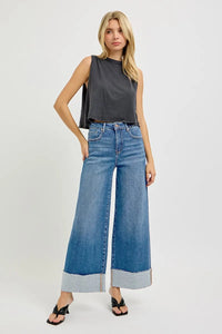 Risen High Rise Tummy Control Cuffed Wide Leg Jeans