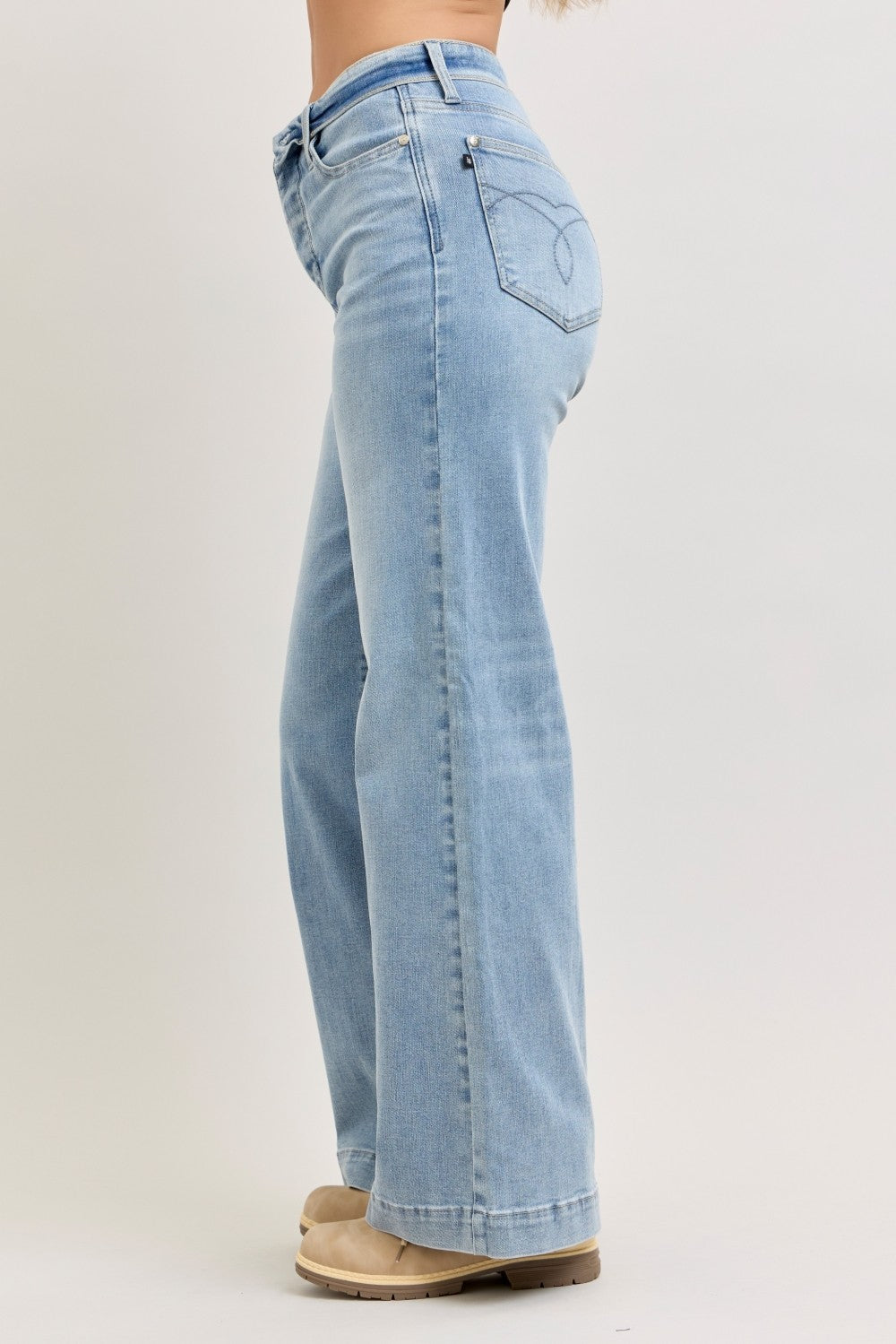 Judy Blue Mid Rise Fold-Over Waistband Retro Wide Leg Jeans