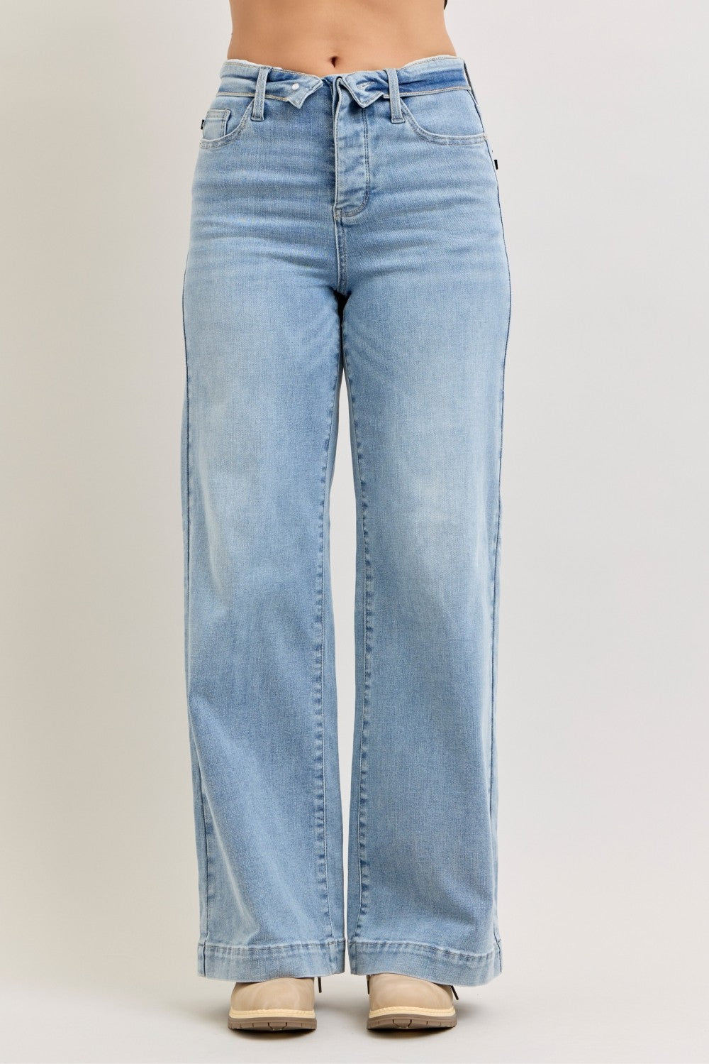 Judy Blue Mid Rise Fold-Over Waistband Retro Wide Leg Jeans