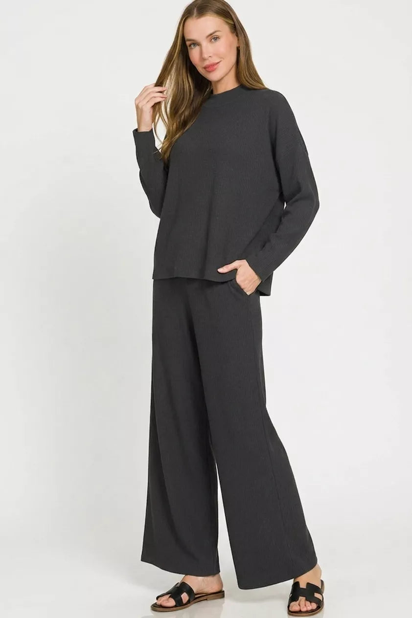 Viscose Sweater Knit Top &amp; Pants Two-Piece Set-in Black