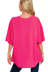 Zenana Cotton Short Sleeve Oversized Tee in Hot Pink