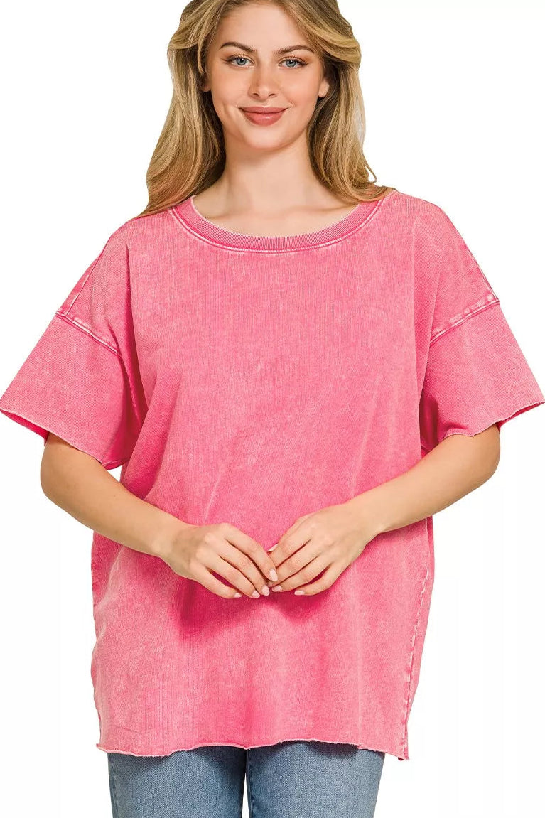 Zenana Acid Wash French Terry Oversized Tee in Fuchsia
