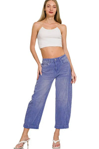 Zenana Mid Rise Barrel Leg Cropped Jeans in Marlin Blue
