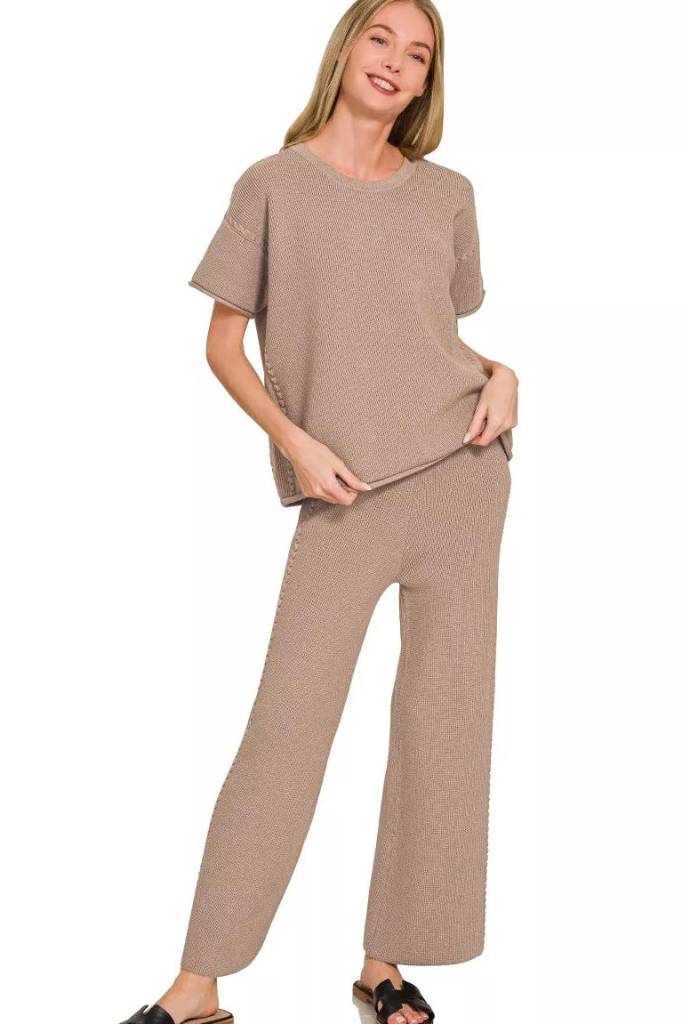 Zenana Sweater Knit Short Sleeve Top & Pants Set in Cocoa