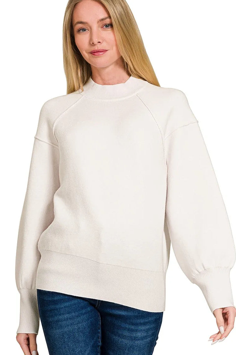 Zenana Off White Mock Neck Exposed Seam Sweater
