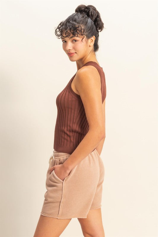 Chestnut Stretchy Ribbed Round Neck Sweater Tank