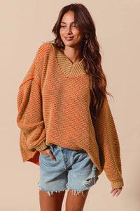 So Me Oversized Two Tone Textured V-Neck Sweater