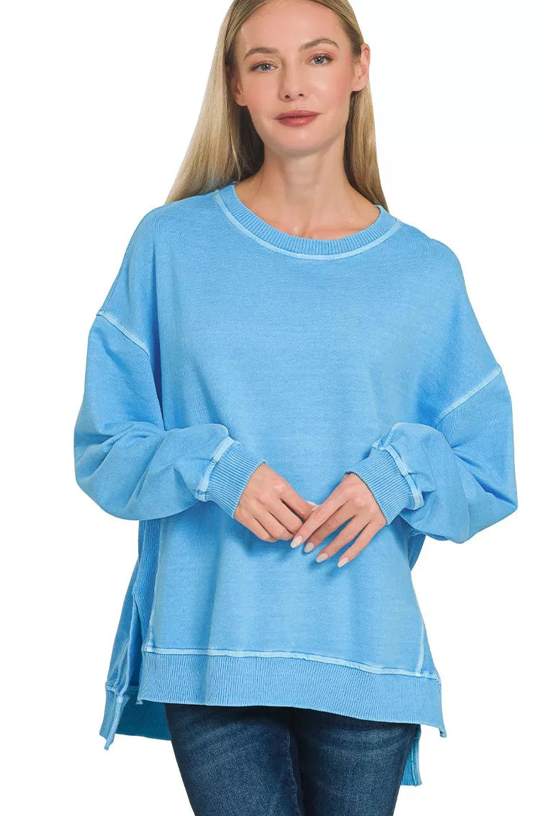 Zenana French Terry Pigment Dyed Pullover in Deep Sky Blue