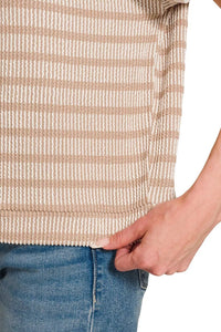 Zenana Boxy Raised Rib Striped Top in Ash Mocha