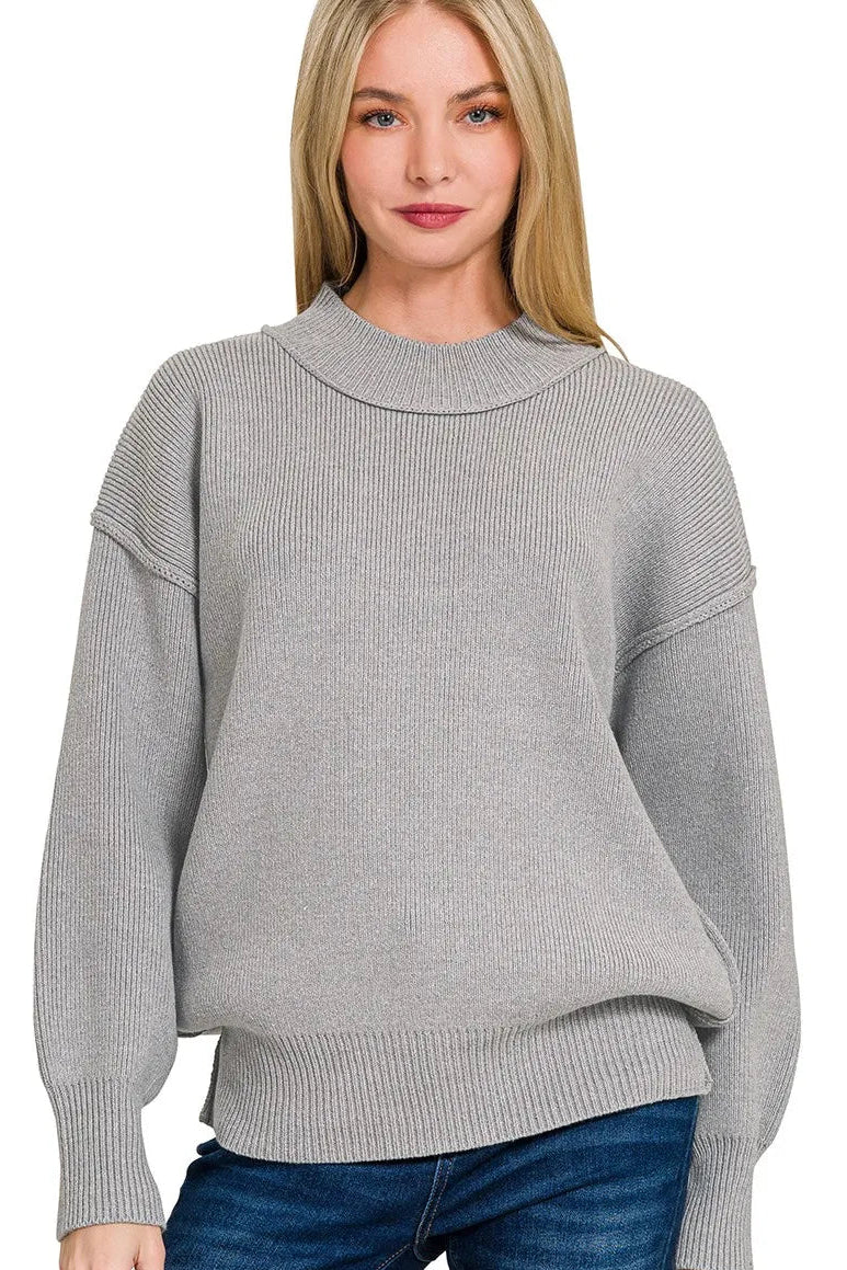 Grey Wide Neck Banded Drop Shoulder Sweater