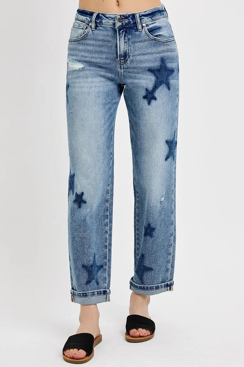 Risen Mid Rise Star Boyfriend Cuffed Jeans