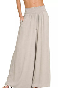 Zenana Smocked Waistband Wide Leg Pants in Sand Beige