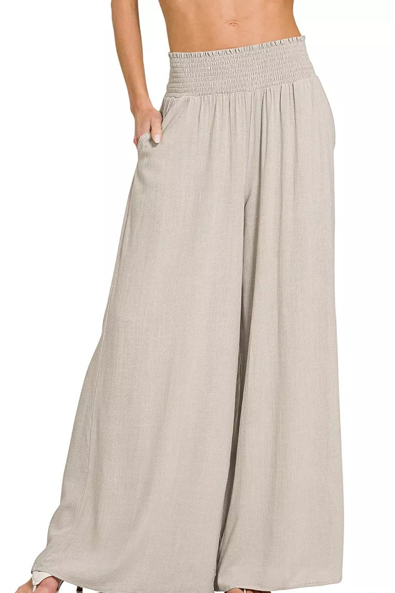 Zenana Smocked Waistband Wide Leg Pants in Sand Beige