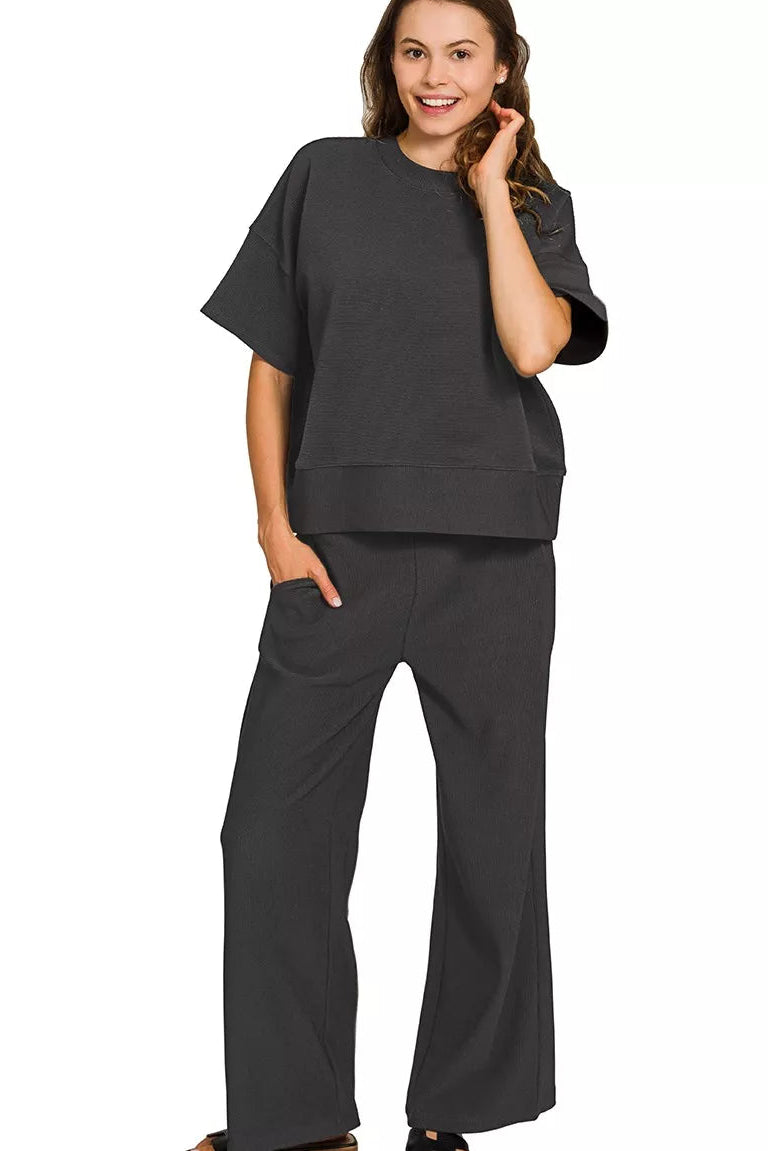 Zenana Ribbed Round Neck Pullover and Pants Set in Black