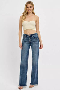 Risen High Rise Dark Wash Long Straight Jeans