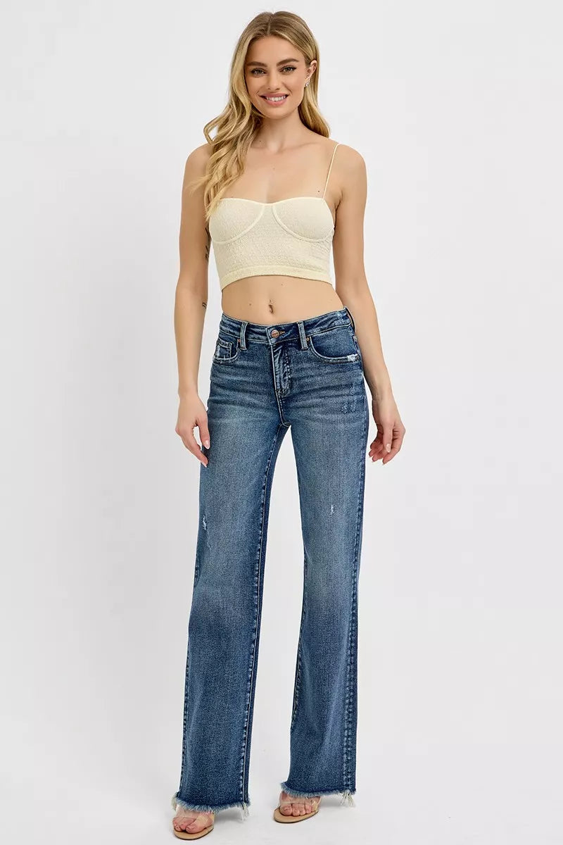 Risen High Rise Dark Wash Long Straight Jeans