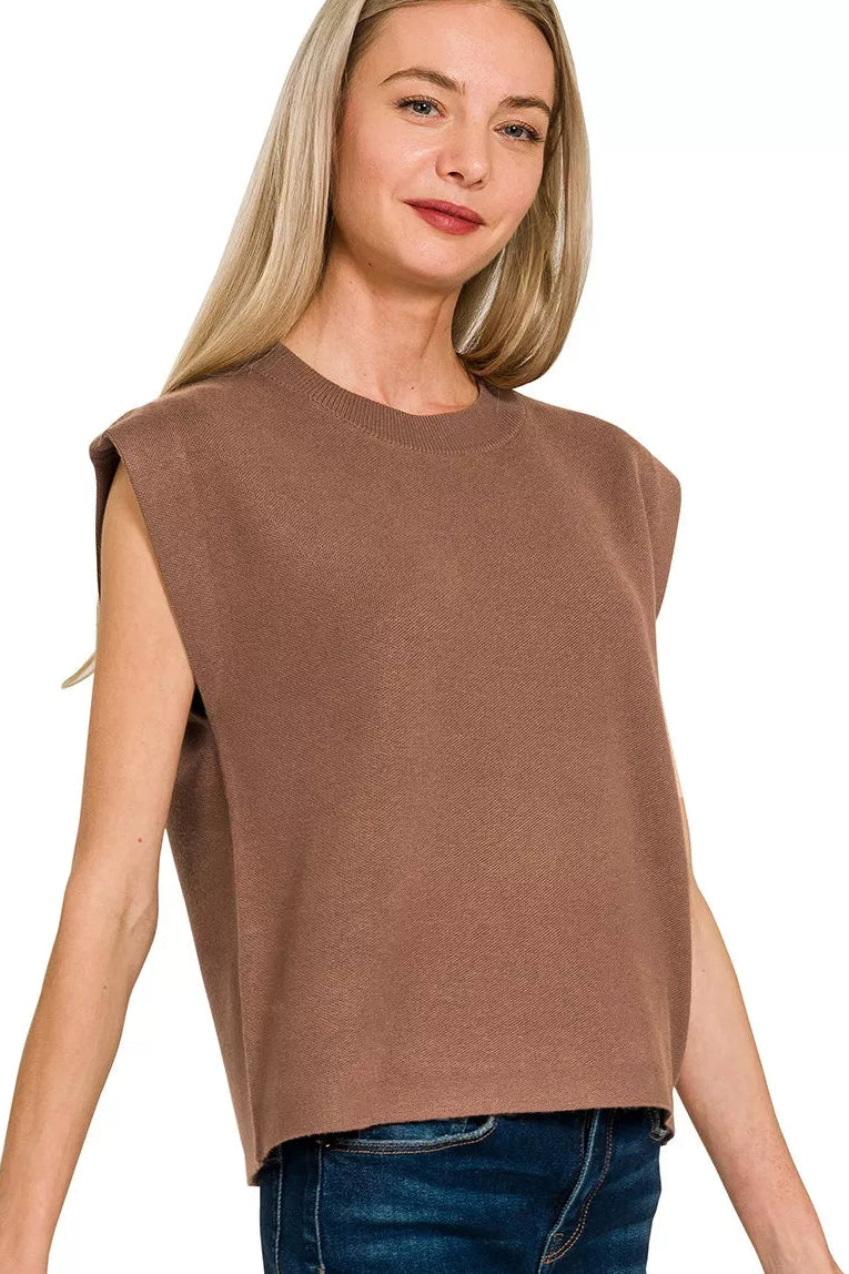 Zenana Round Neck Viscose Sweater Vest in Brown