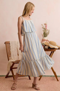 So Me Nautical Stripe Tiered Shoulder Tie Midi Dress