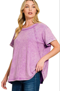 Zenana Washed Ribbed Short Sleeve Knit Top in Violet