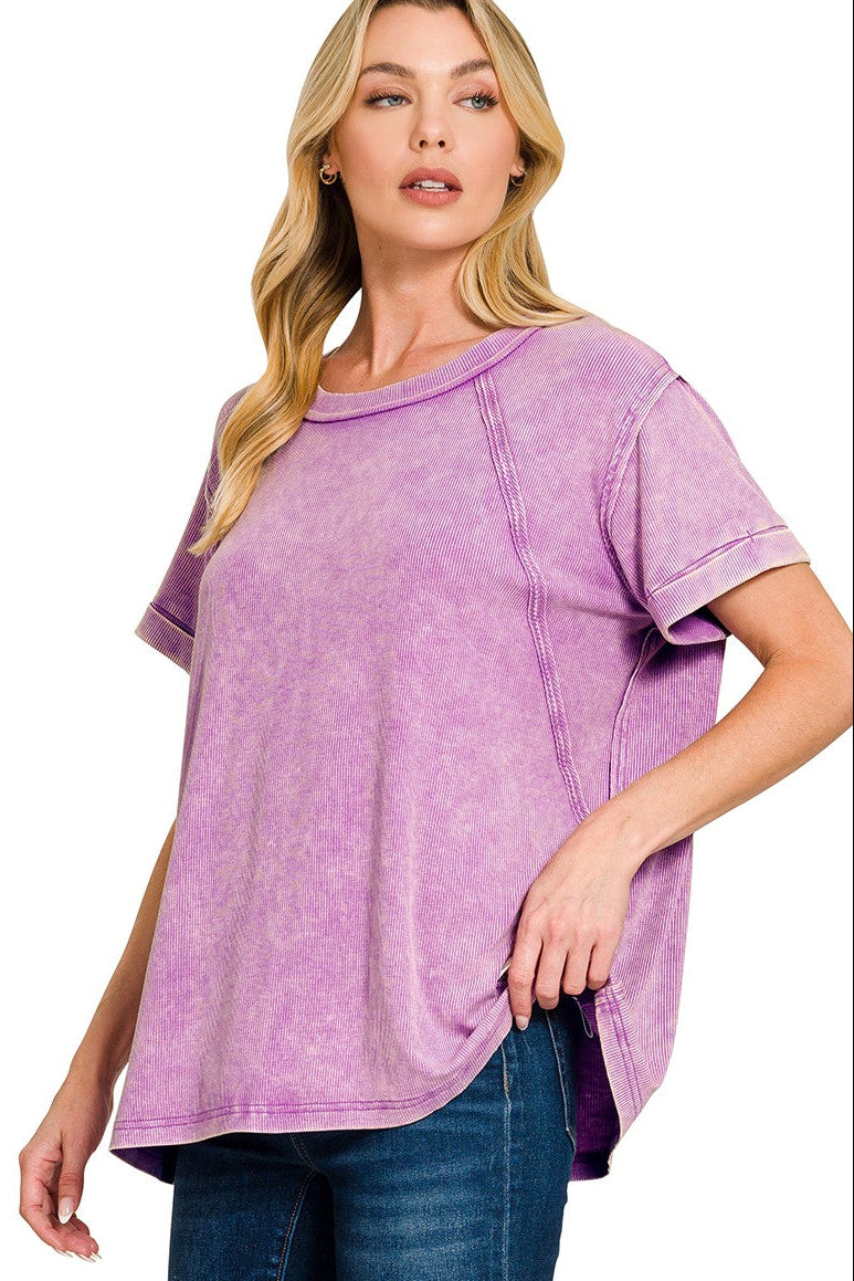 Zenana Washed Ribbed Short Sleeve Knit Top in Violet