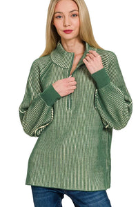Zenana Ribbed Two Tone Half Zip Sweater in Dark Green