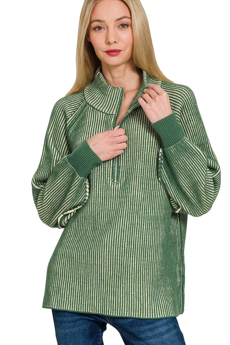 Zenana Ribbed Two Tone Half Zip Sweater in Dark Green