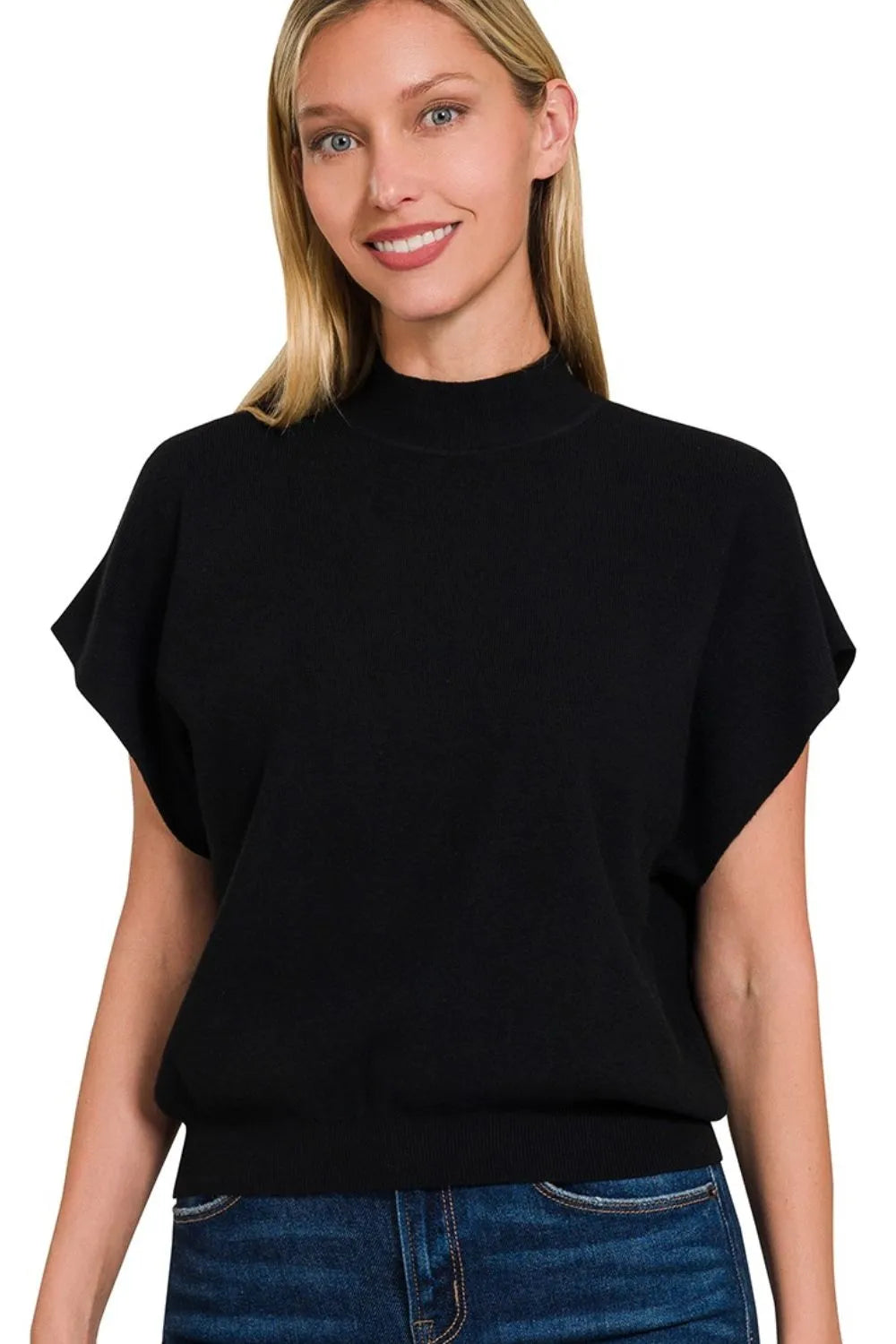 Zenana Mock Neck Short Dolman Sleeve Sweater in Black