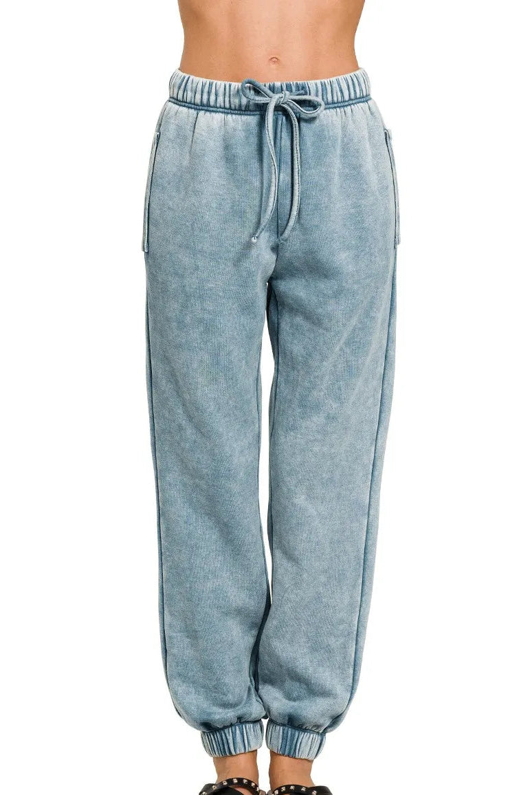 Zenana Acid Wash Fleece Jogger Sweatpants in Blue Grey