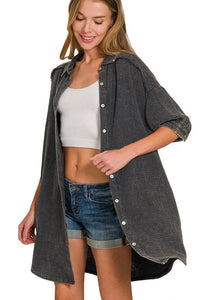 Zenana Washed Double Gauze Button Down Shirt Dress in Ash Black