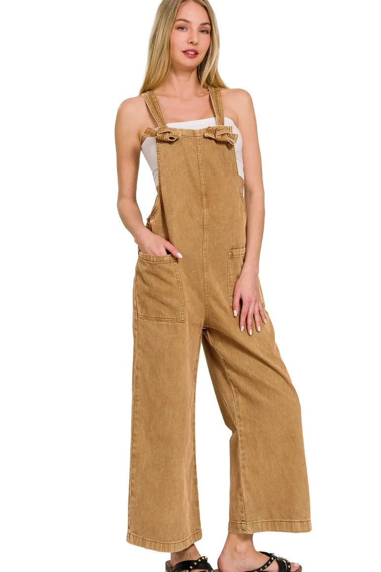 Washed Knot Strap Relaxed Fit Overalls in Deep Camel