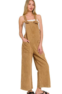 Washed Knot Strap Relaxed Fit Overalls in Deep Camel