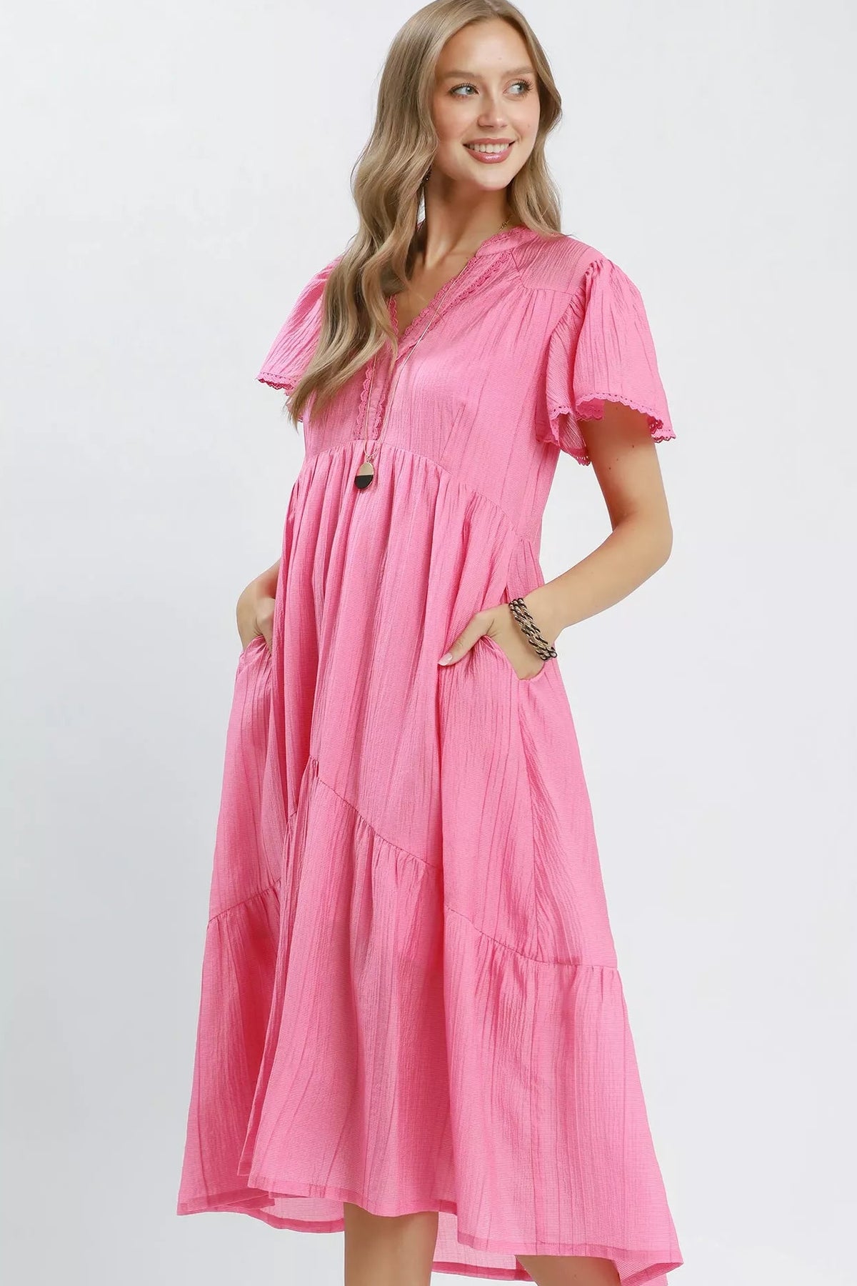 Umgee Peony Textured Tiered Midi Dress with Side Pockets