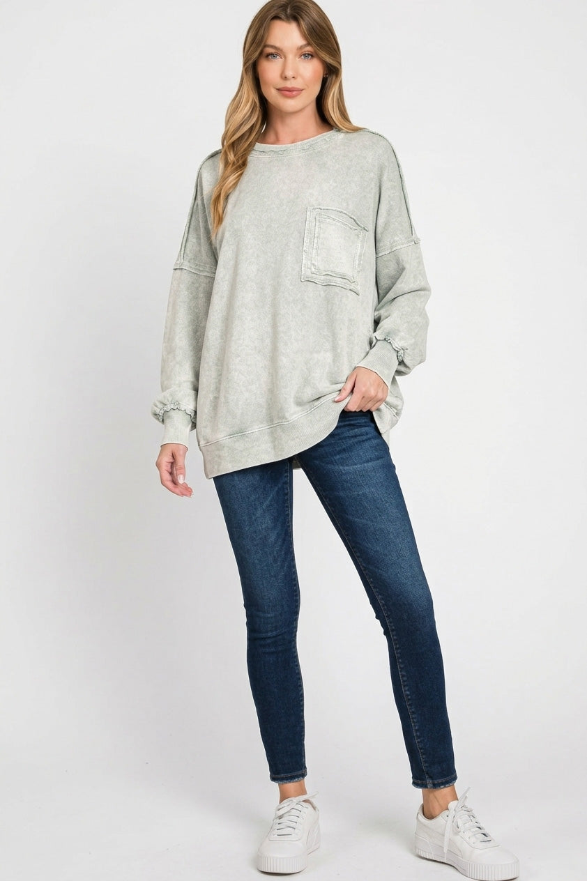 Zenana Halo Washed French Terry Pullover Sweatshirt in Light Grey
