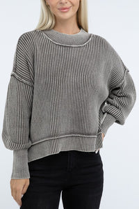 Ribbed Exposed Seam Round Neck Dropped Shoulder Sweater