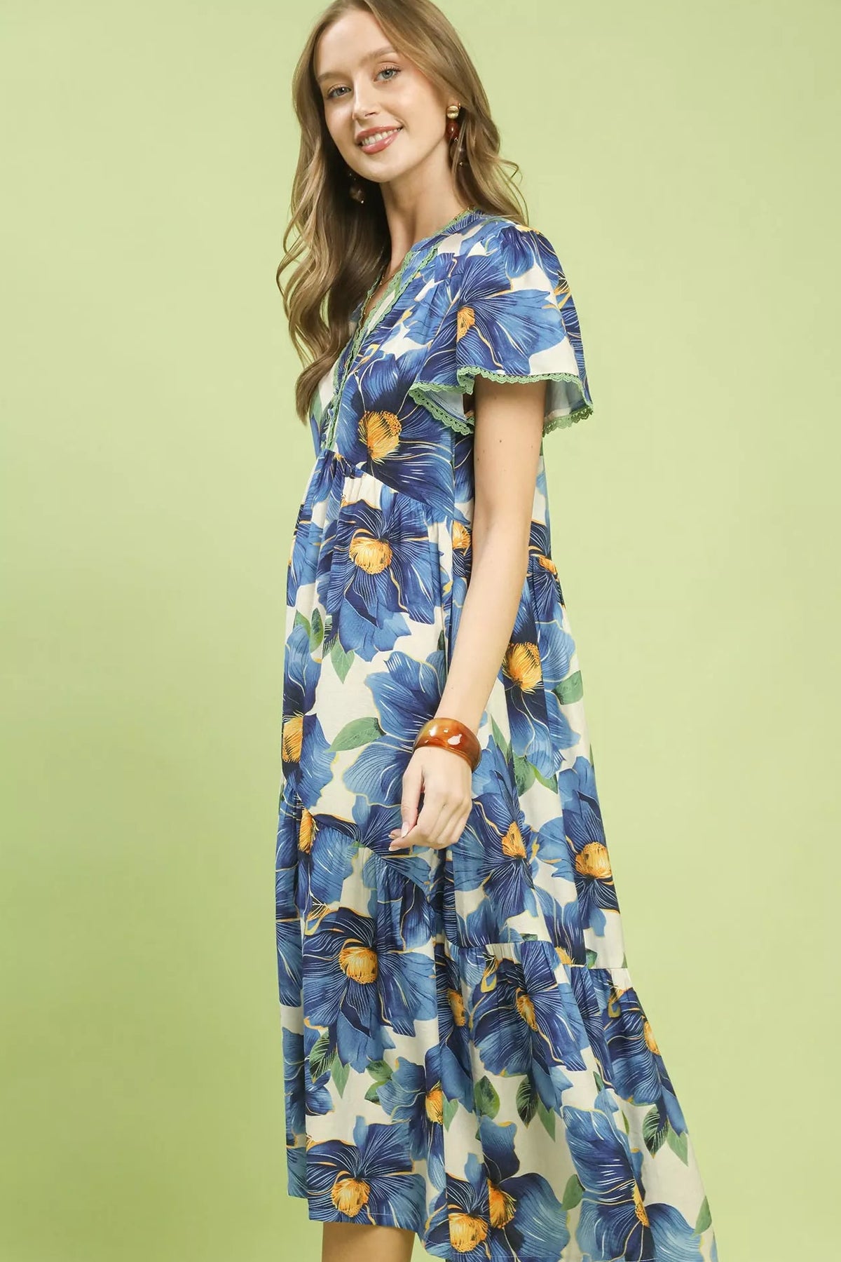 Umgee Blue Tropical Floral Flutter Sleeve Tiered Midi Dress