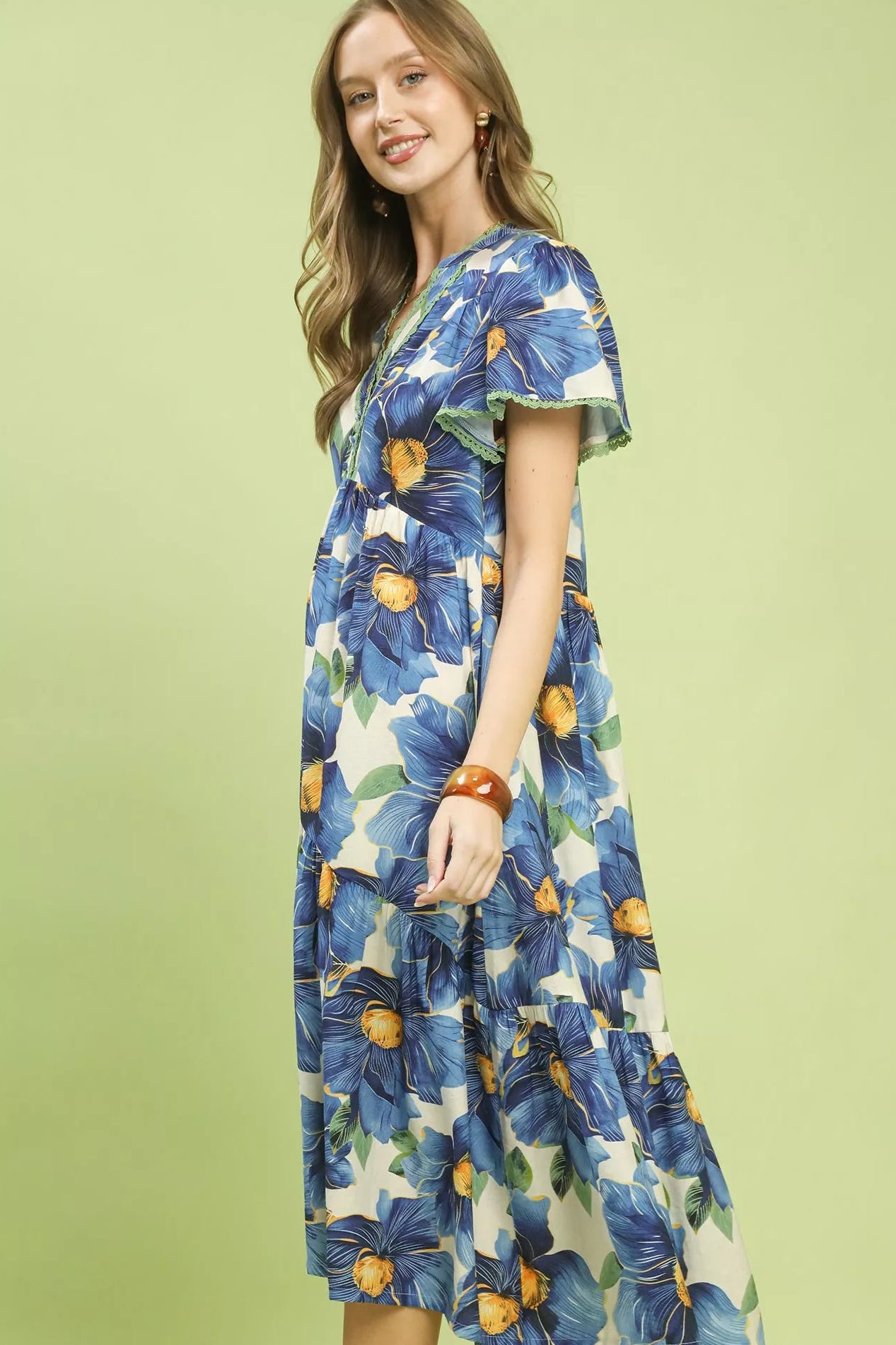 Umgee Blue Tropical Floral Flutter Sleeve Tiered Midi Dress